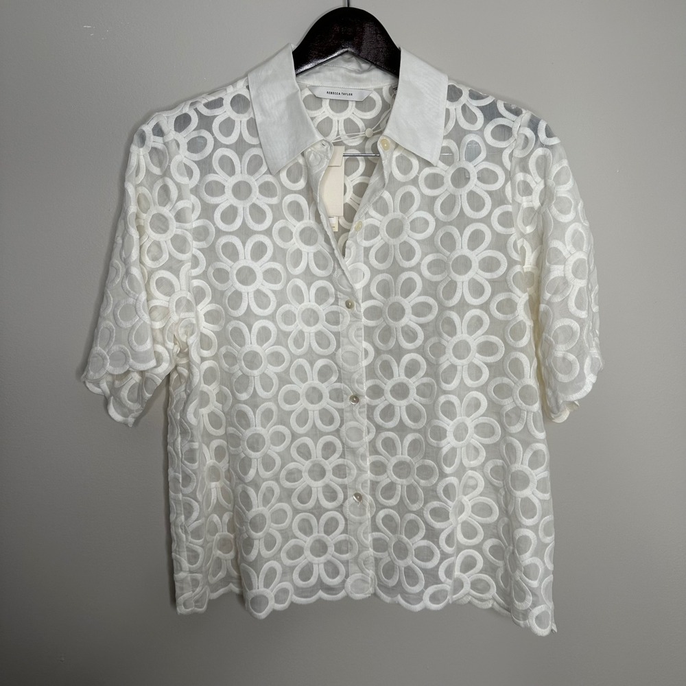 Rebecca Taylor Women's White Floral Embroidered Button Down Shirt Top Size L NWT - Picture 2 of 10